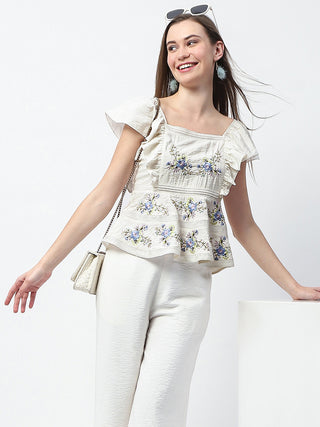 Madame Floral Print Top and Straight Trousers Off White Co-ord Set