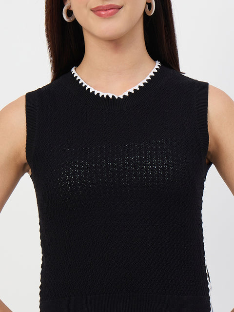 Madame Black Contrast Trim Cotton Blend Knit Top
