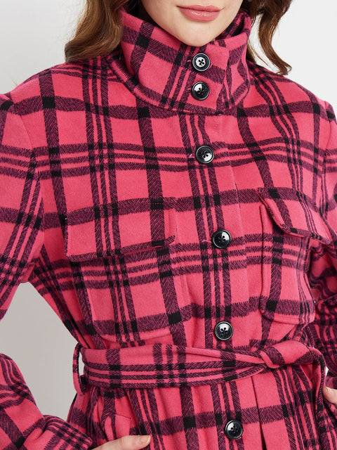 Madame Chequered Stand Collar Hot Pink Shacket
