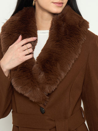 Madame Brown Long Coat with Faux Fur Shawl Collar and Belt