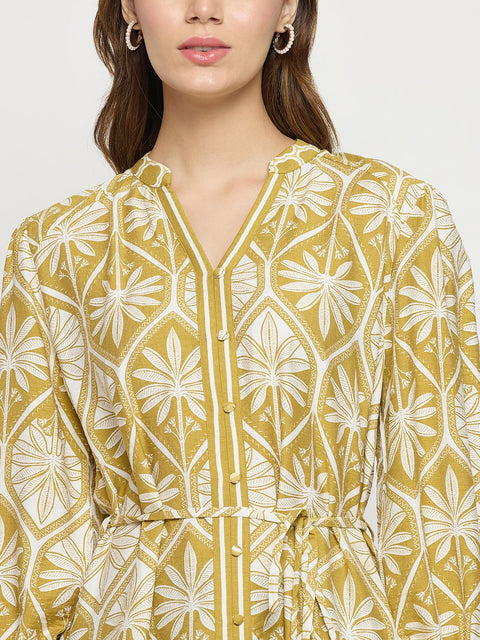 Madame Green Printed Rayon Mandarin Collar Midi Dress