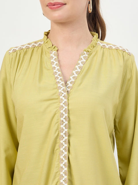 Madame Lime Viscose Embroidery Trim Sleeveless Top