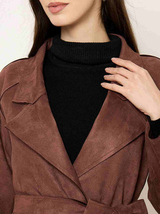 Madame Brown Trench Coat with Notch Lapel Neckline and Belt