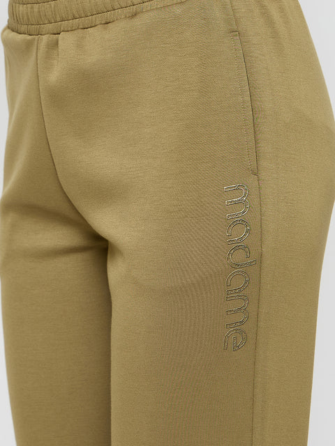 Madame Typography Print Olive Green Straight Track Bottoms