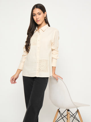 Madame Patchwork and Lace Detailed Beige Cotton Shirt