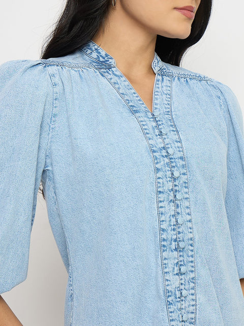 Madame Embroidery Detail Powder Blue Cotton Top