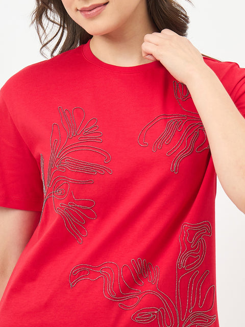 Madame Red Cotton Half-Sleeve T-Shirt
