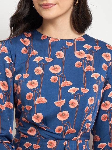 Madame Blue Printed Rayon Flared Dress