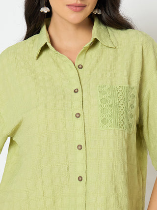 Madame Textured Pocketed Light Green Shirt