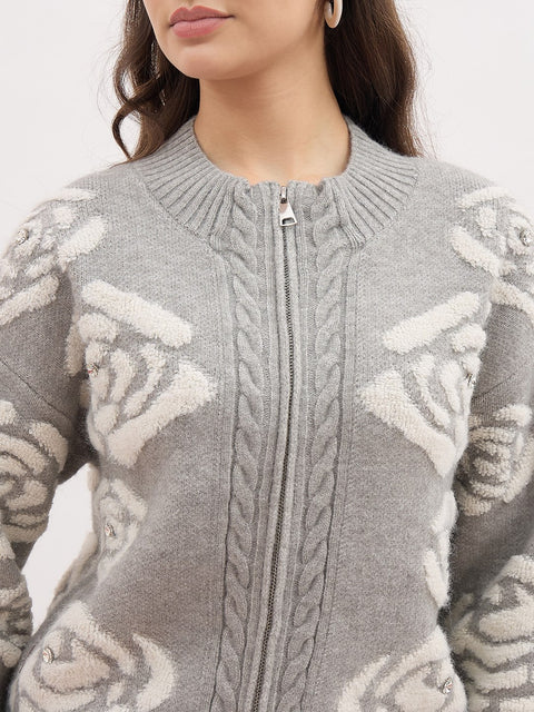 Madame Floral Design Printed Grey Sweater