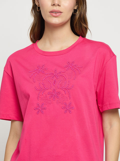 Madame Hot Pink Embroidered Cotton Round Neck T-Shirt