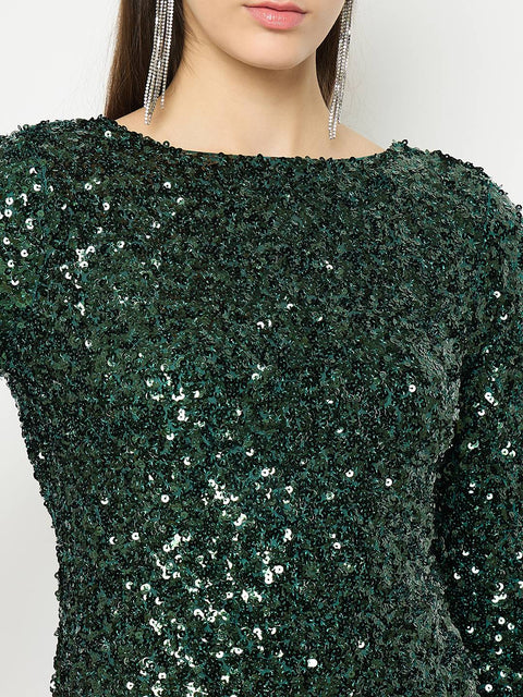 Madame Boat Neck Printed Green Bodycon Dress