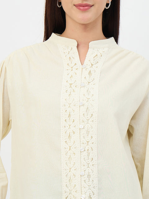 Madame Off-White Crochet-Lacework Cotton Mandarin-Collar Top
