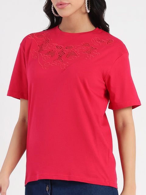 Madame Embroidered Round Neck Red Cotton Lycra T-shirt