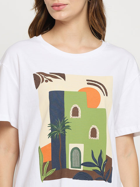 Madame White Graphic Print Cotton Round Neck T-Shirt