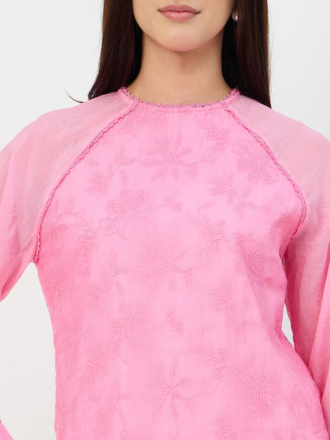 Madame Pink Embroidered Bishop-Sleeve Viscose Top