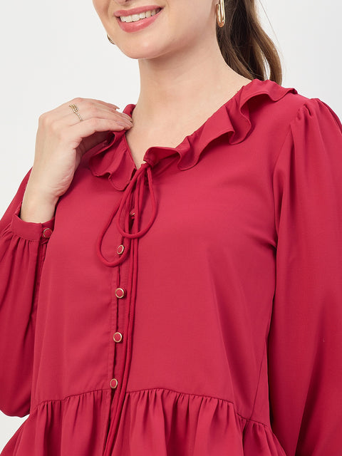 Madame Maroon Frill Sleeve Ruffle Neck Top