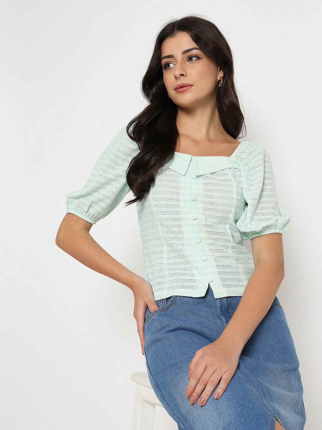 Madame Tie Detail Off Shoulder Turquoise Top color swatch