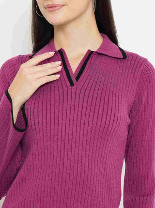 Madame Contrast Trim Top and Solid Bottoms Purple Knitted Co-ord Set