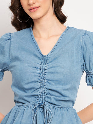 Madame Ruched Front Tie Detail Indigo Peplum Top