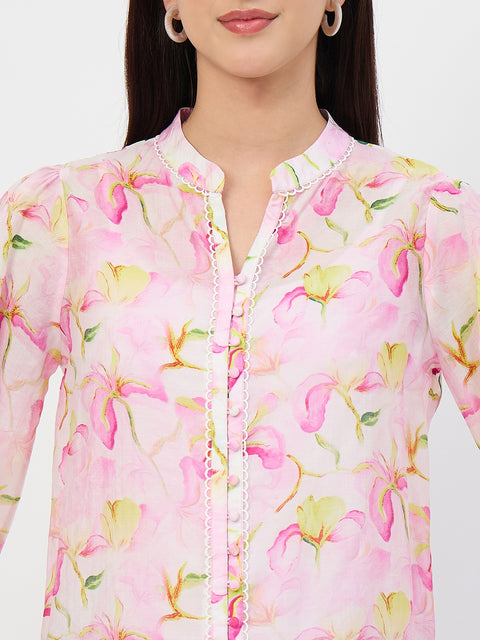 Madame Pink Printed Semi-Sheer Tencel Mandarin-Collar Top
