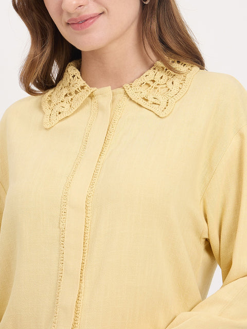 Madame Yellow Lace Detail Rayon Linen Full Sleeve Shirt