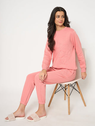 mSECRET Cotton Blend Embossed Detailed Top and Bottom Pink Night Suit