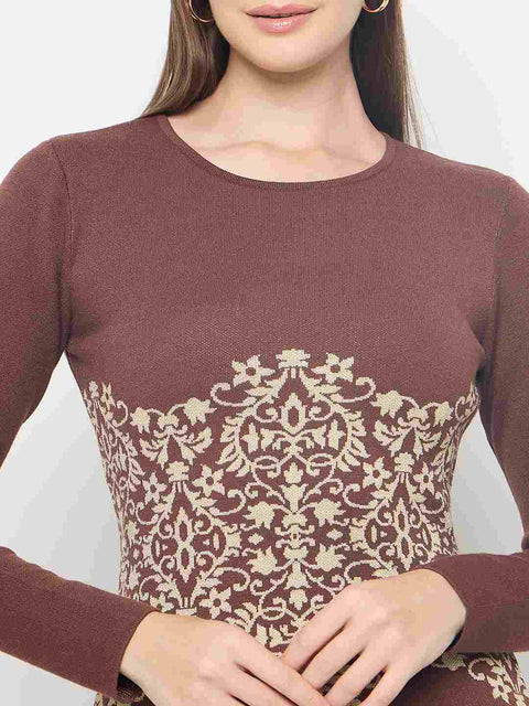 Madame Abstract Print Viscose Blend Coffee Brown Knitted Dress