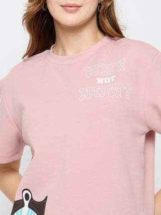 Madame Graphic Print Cotton Blend Pink T-shirt