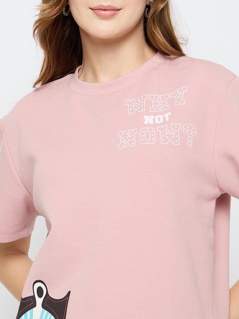 Madame Graphic Print Cotton Blend Pink T-shirt