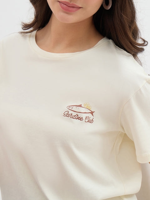 Madame Beige Graphic Print Cotton Half Sleeve T-Shirt