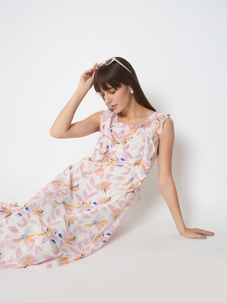 Madame Floral Print Ruffle Detail Off White Midi Dress