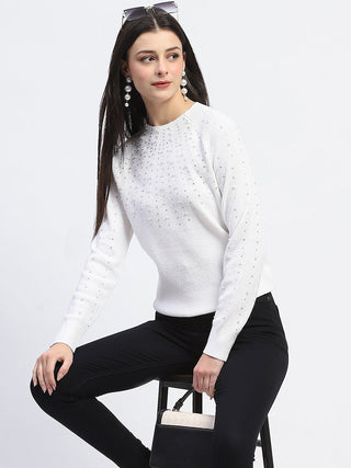 Madame Embellished Full Sleeve Off White Knitted Top