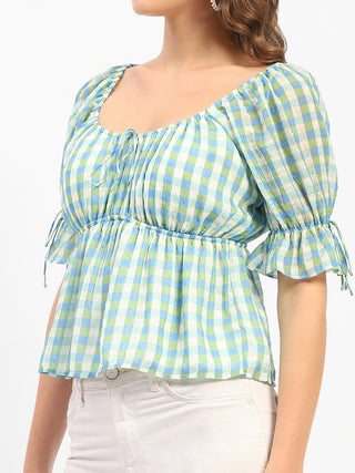 Madame Chequered Blue Off-Shoulder Top