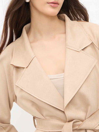 Madame Beige Trench Coat with Lapel Notch Neckline and Belt