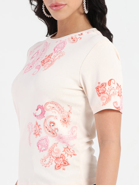 Madame Placement Sublimation Print Peach Smooth Rib T-Shirt