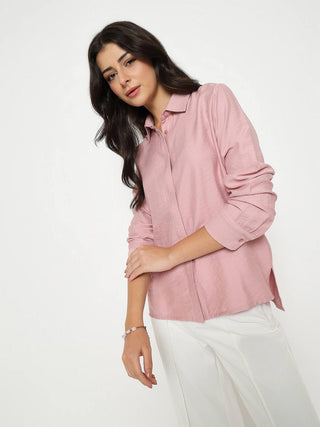Madame Textured Solid Pink Rayon Blend Shirt