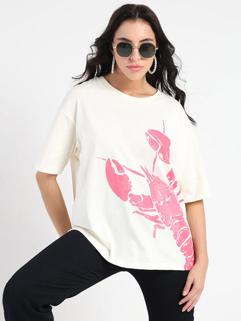 Madame Graphic Print Half Sleeve Off White Cotton T-shirt
