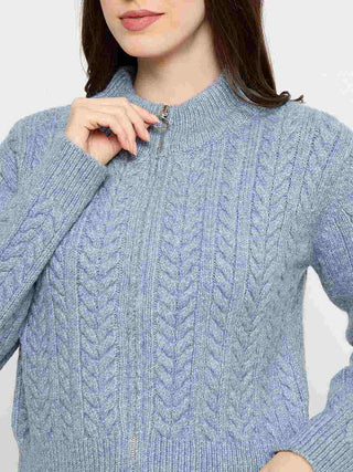 Madame Cable Knit Zip Blue Sweater