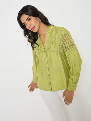 Madame Lace Detailed Pleated Front Green Top