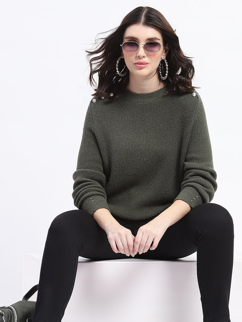 Madame Button Detailed Solid Olive Knitted Sweater