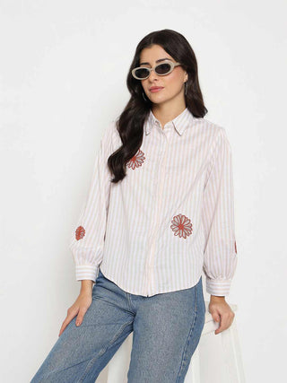 Madame Floral Embroidery Beige Striped Shirt