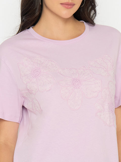 Madame Embellished Lilac Cotton T-shirt