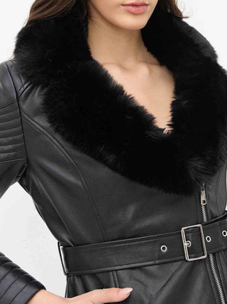Madame Faux Fur Collar Black PU Leather Jacket