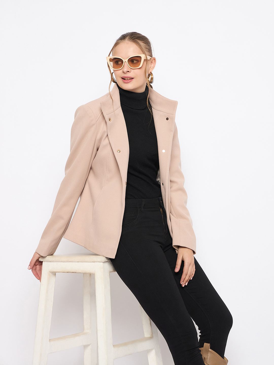 Madame Textured High Neck Beige Short Coat color swatch