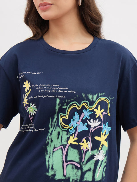Madame Navy Graphic Print Cotton Half Sleeve T-Shirt