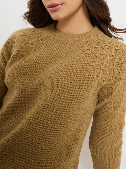 Madame Embroidered Khaki Solid Sweater
