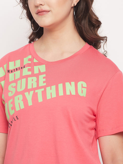 Madame Pink Cotton Regular Fit Printed T-shirt