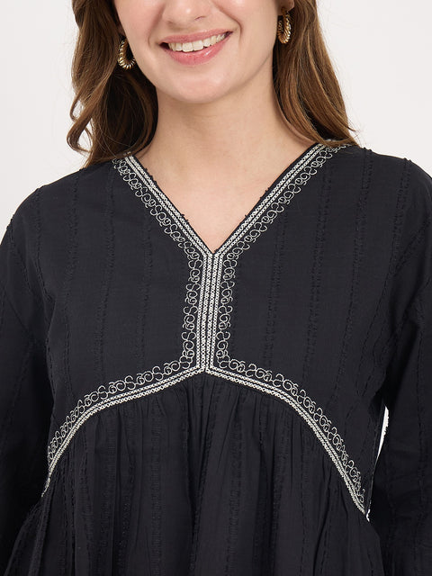 Madame Black Cotton Ruched V-Neck Puff Sleeve Top