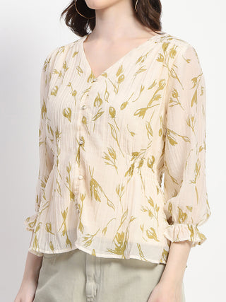 Madame Abstract Print V- Neck Olive Rayon Top